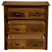 Fireside Lodge Barnwood Three Drawer Chest is shown from the front with drawers pulled out, showing their depth and storage space
