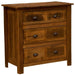 Fireside Lodge Barnwood Three Drawer Chest is shown from the front with three rustic wooden drawers and dark metal cup pulls