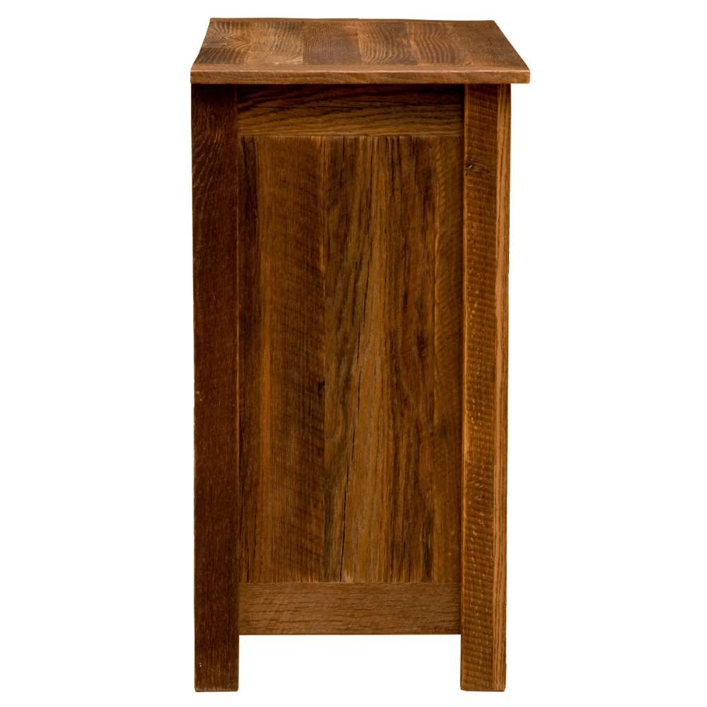 Fireside Lodge Barnwood Three Drawer Chest is shown from the side, highlighting its thick wooden panels and sturdy shape