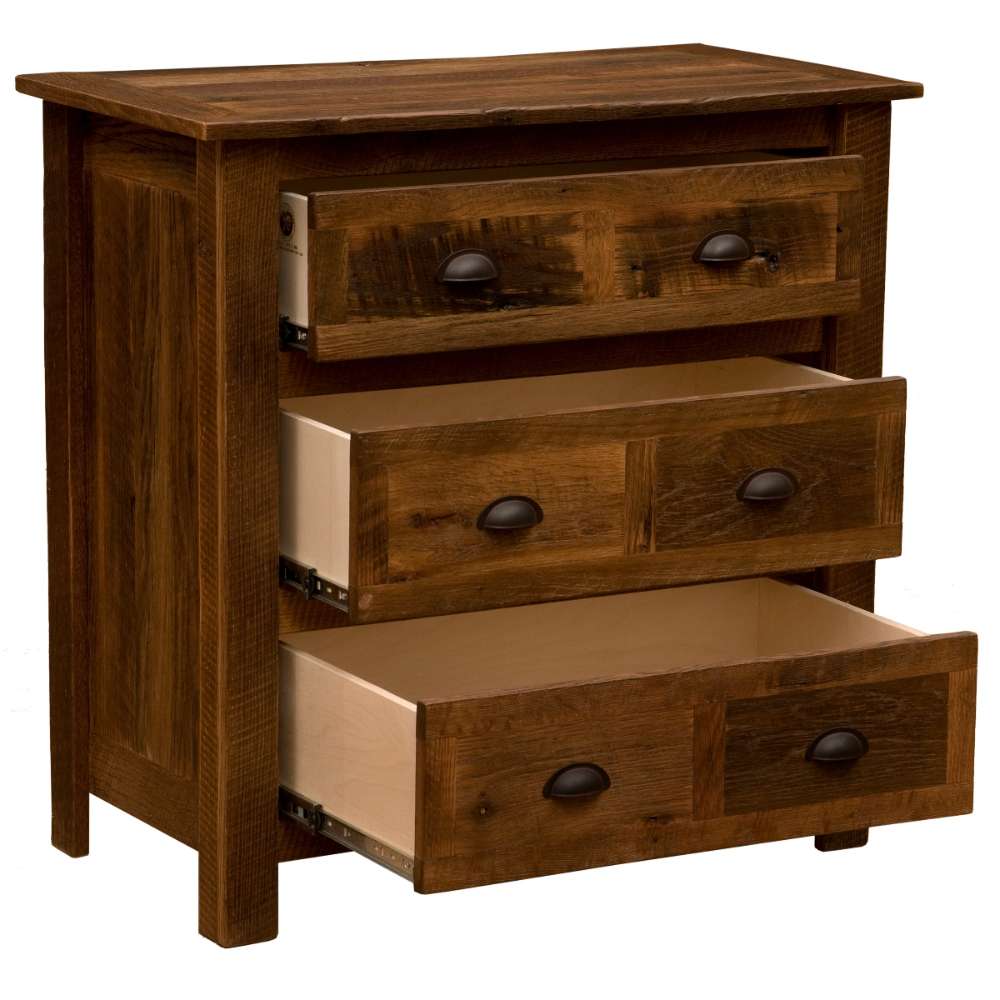 Fireside Lodge Barnwood Three Drawer Chest is shown with all drawers open, revealing light-colored drawer interiors inside a dark wood frame