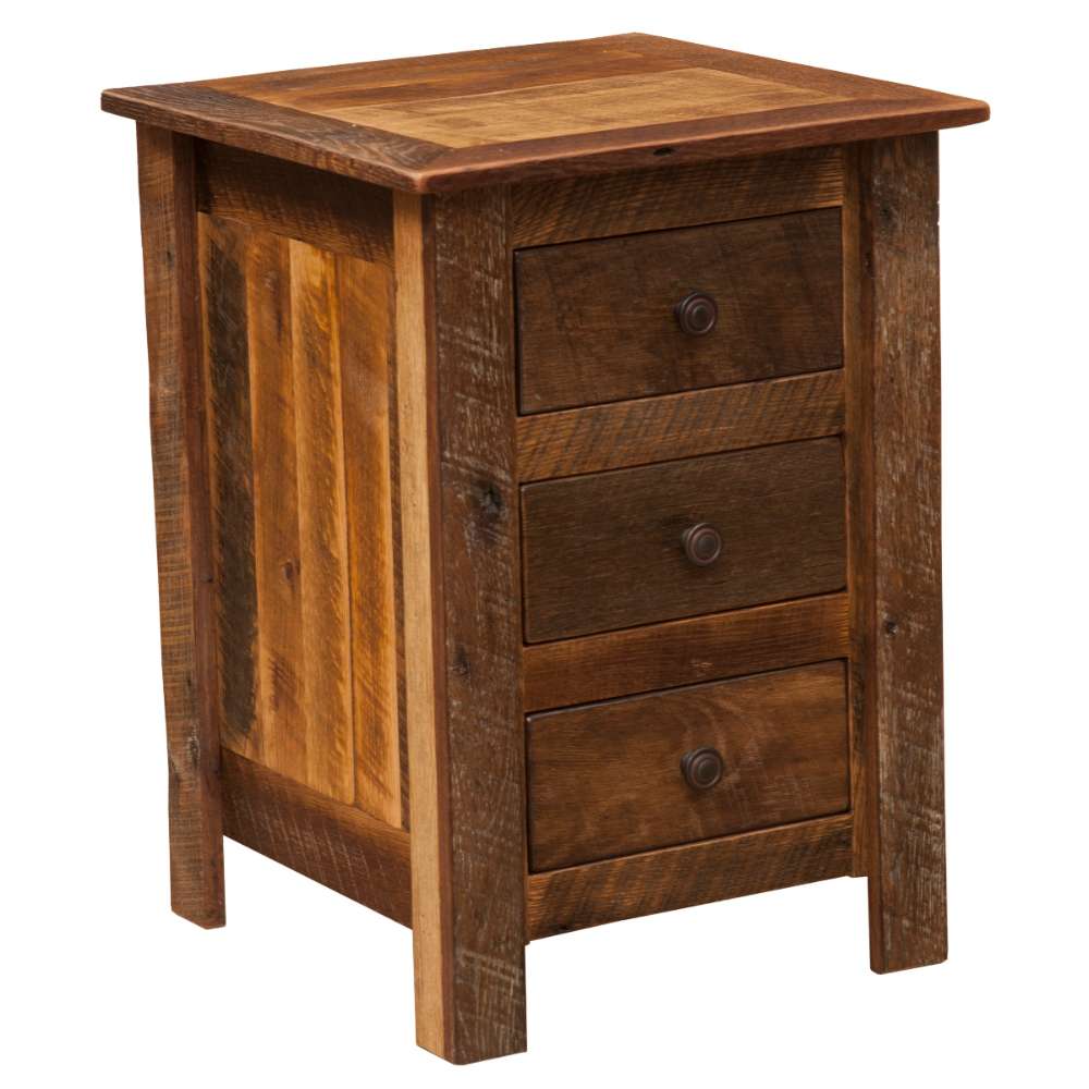 Fireside Lodge Barnwood Three Drawer Nightstand is a rustic wooden nightstand shown at an angle with three drawers and a thick solid wood top