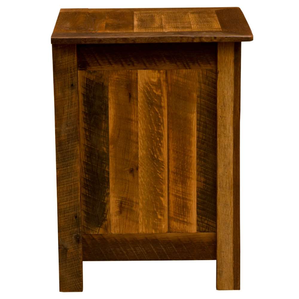 Fireside Lodge Barnwood Three Drawer Nightstand is shown from the back with vertical wood panels and visible natural grain