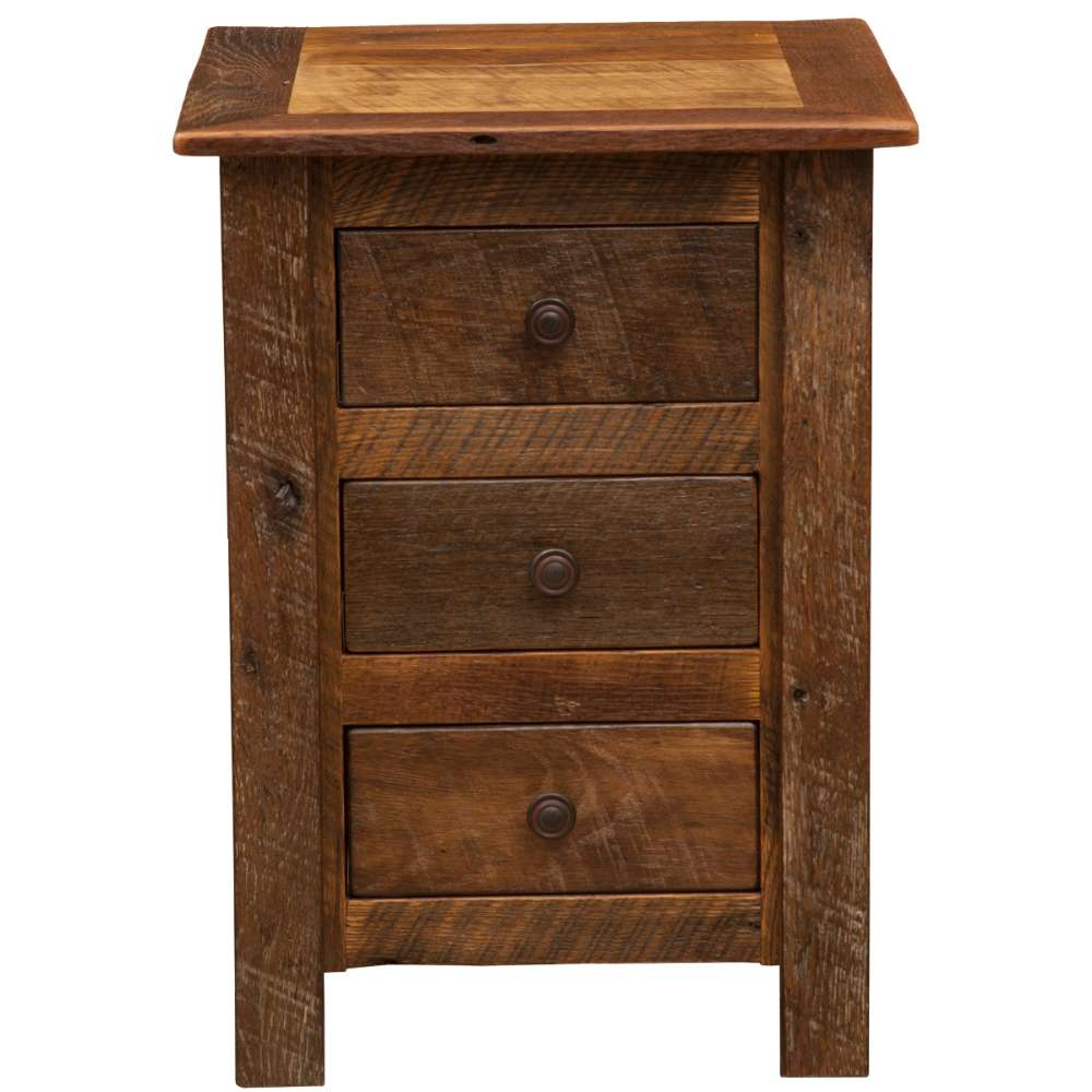 Fireside Lodge Barnwood Three Drawer Nightstand is shown from the front with three stacked drawers and sturdy wooden legs