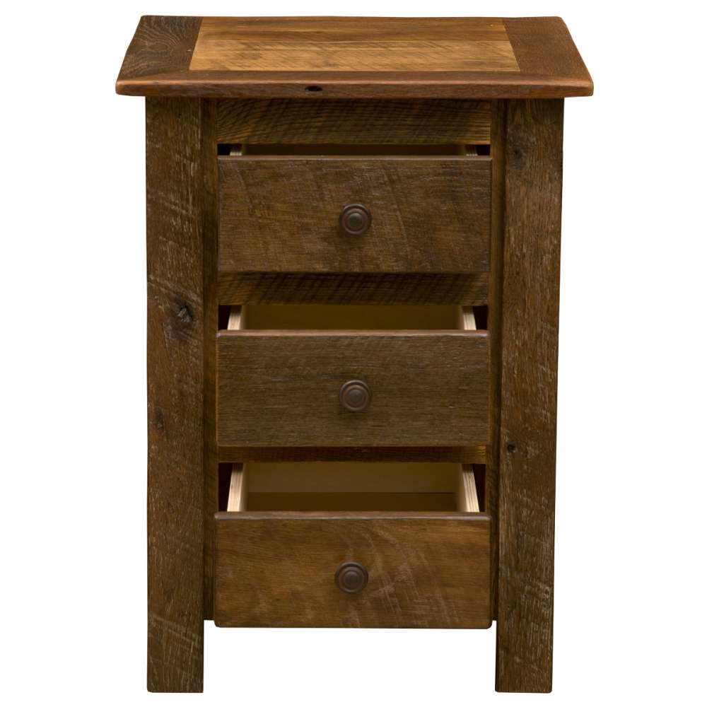 Fireside Lodge Barnwood Three Drawer Nightstand is shown with drawers open, displaying its deep storage space