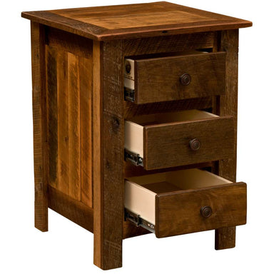 Fireside Lodge Barnwood Three Drawer Nightstand is shown with its drawers open, revealing light interiors and smooth metal drawer slides