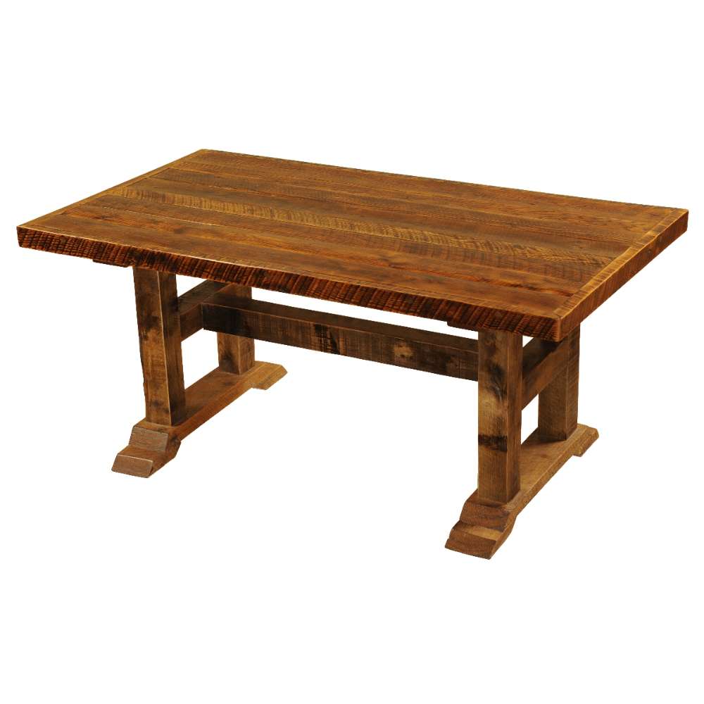 Fireside Lodge Barnwood Timbers Rectangle Dining Table - 5-Foot in the second image has a textured artisan top with a rugged rustic trestle base