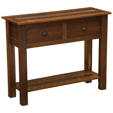 Fireside Lodge Barnwood Two Drawer Sofa Table is a rustic wooden table with two front drawers, sturdy square legs, and a lower shelf, shown standing alone against a white background