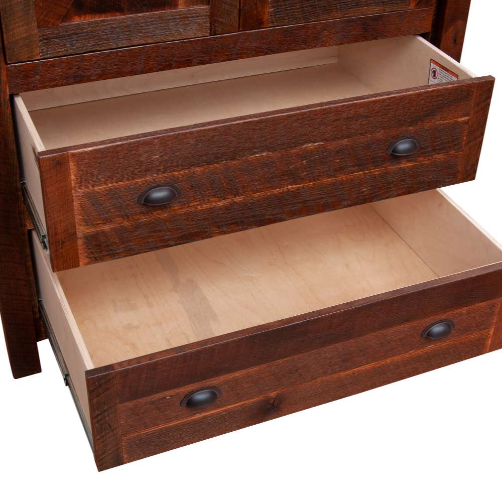 Fireside Lodge Barnwood Two Drawer Wardrobe with Hanging Rod has two deep bottom drawers with dark metal handles