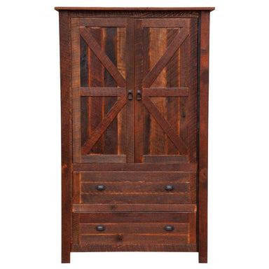 Fireside Lodge Barnwood Two Drawer Wardrobe with Hanging Rod is closed, displaying rustic wood doors with an X-pattern design