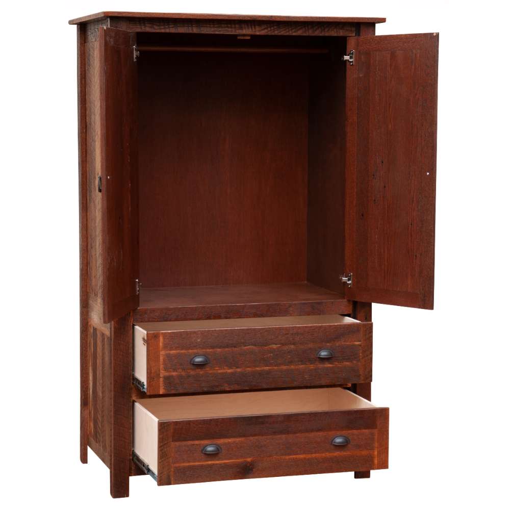 Fireside Lodge Barnwood Two Drawer Wardrobe with Hanging Rod is open, showing the hanging area above and drawers below