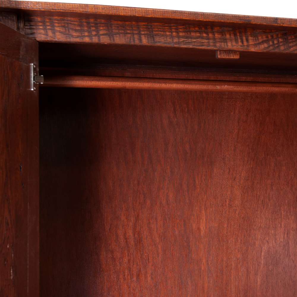 Fireside Lodge Barnwood Two Drawer Wardrobe with Hanging Rod is open to reveal a wide hanging space with a solid wood interior