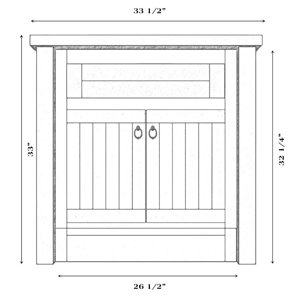 Fireside Lodge Barnwood Vanity - 30-Inch - Without Top measurement drawing highlights its barnwood design with double doors and clearly marked width and height dimensions