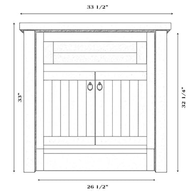 Fireside Lodge Barnwood Vanity - 30-Inch - Without Top measurement drawing highlights its barnwood design with double doors and clearly marked width and height dimensions