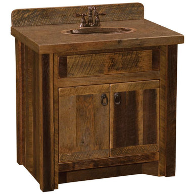 Fireside Lodge Barnwood Vanity - 30-Inch features a rustic wood cabinet with a copper sink, single drawer, and double doors with metal ring handles