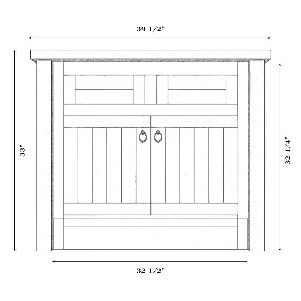 Fireside Lodge Barnwood Vanity - 36-Inch Barnwood Edged Laminate Top Center Sink front-view bathroom vanity diagram with centered sink, double doors, and labeled dimensions