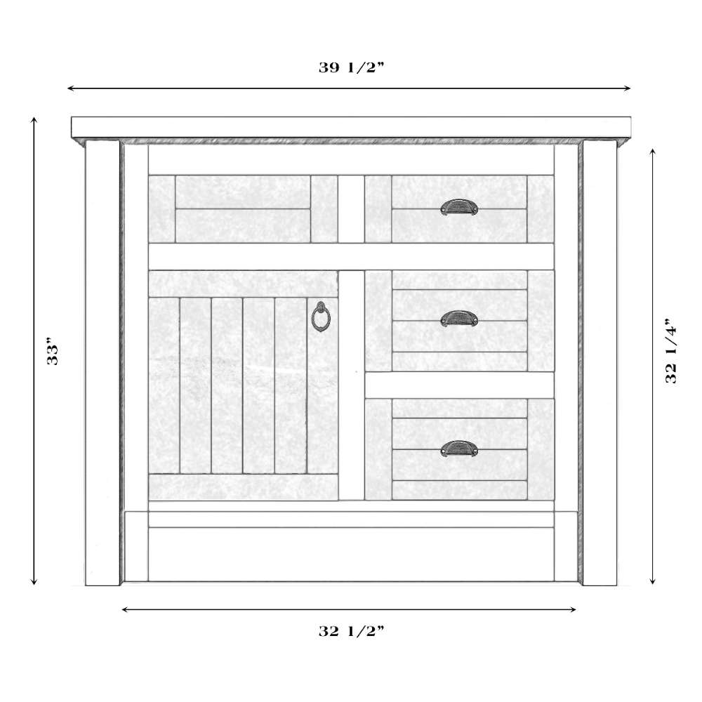 Fireside Lodge Barnwood Vanity - 36-Inch Barnwood Edged Laminate Top Left Sink front-view rustic vanity layout with left sink, three drawers, one cabinet door, and size markings