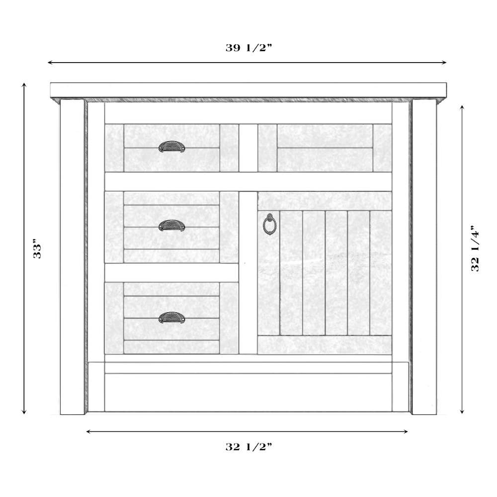 Fireside Lodge Barnwood Vanity - 36-Inch Barnwood Edged Laminate Top Right Sink technical drawing showing right sink placement, three drawers, single door, and dimensions