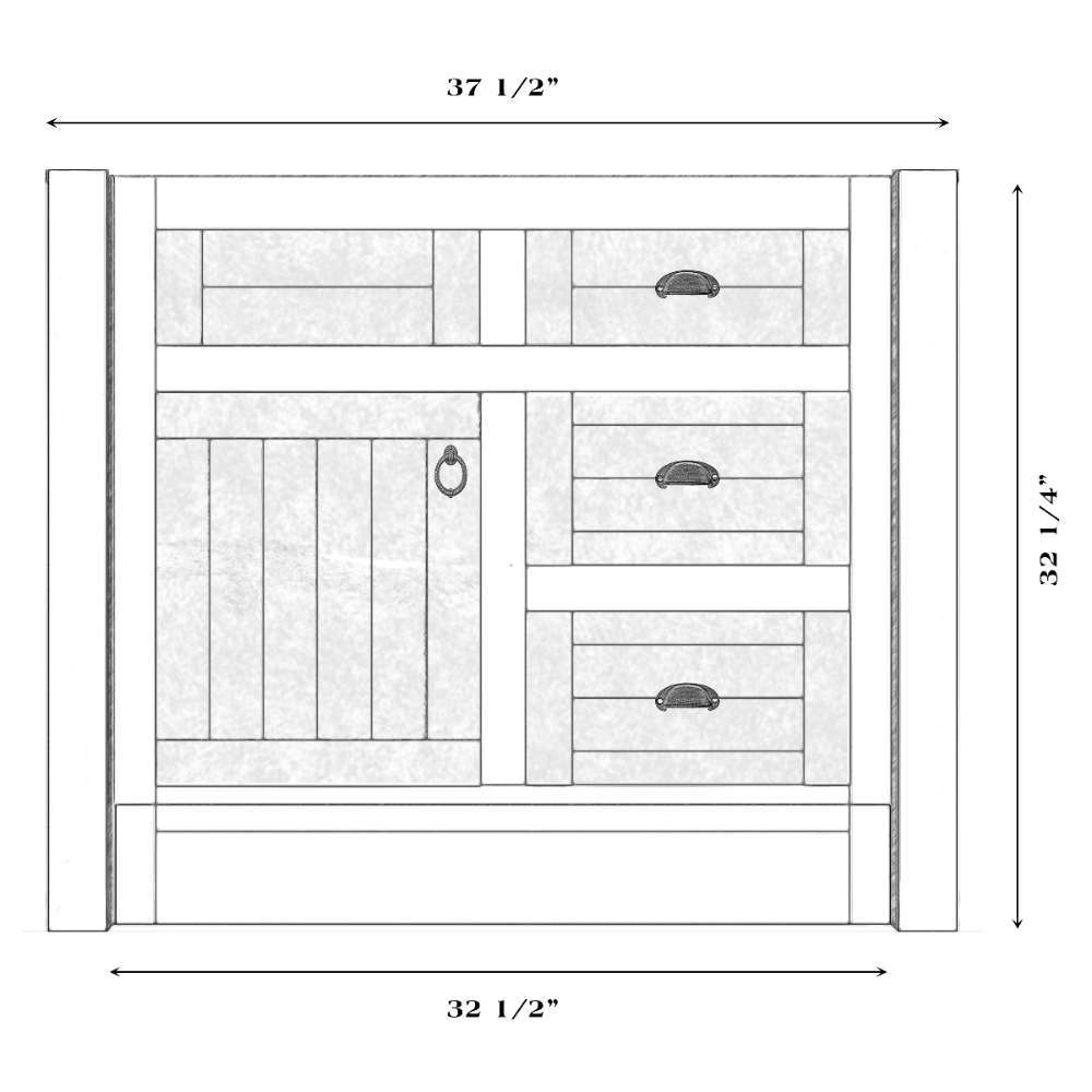 Fireside Lodge Barnwood Vanity - 36-Inch Without Top Left Sink vanity base layout with left sink cutout, three drawers, one cabinet door, and marked dimensions