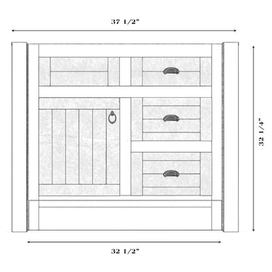 Fireside Lodge Barnwood Vanity - 36-Inch Without Top Left Sink vanity base layout with left sink cutout, three drawers, one cabinet door, and marked dimensions