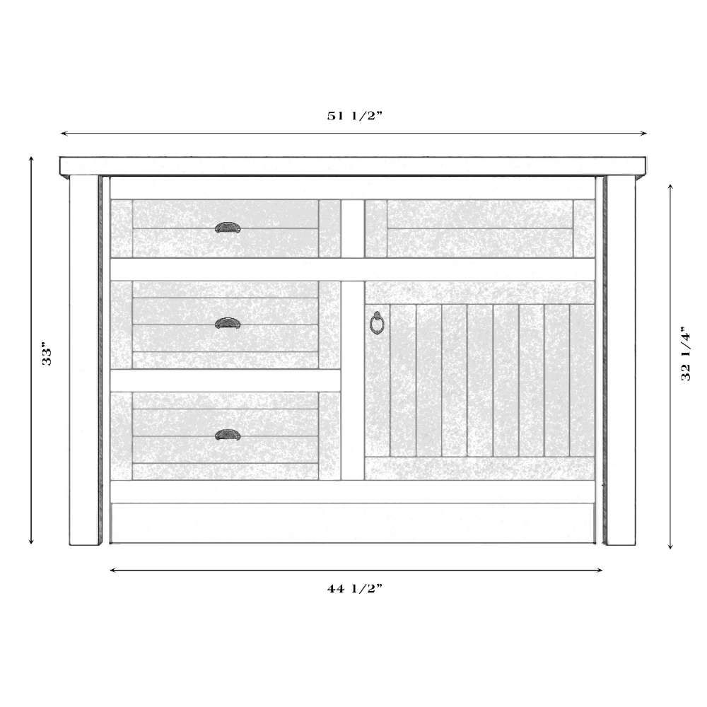 Fireside Lodge Barnwood Vanity - 4-Foot Barnwood Edged Laminate Top Right Sink offers a right-side sink, left-side drawers, and a single cabinet door beneath
