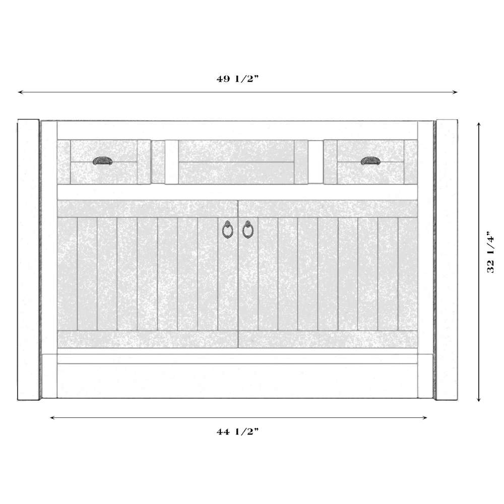 Fireside Lodge Barnwood Vanity - 4-Foot Without Top Center Sink shows a 4-foot barnwood vanity base with a center sink layout, drawers, and double doors