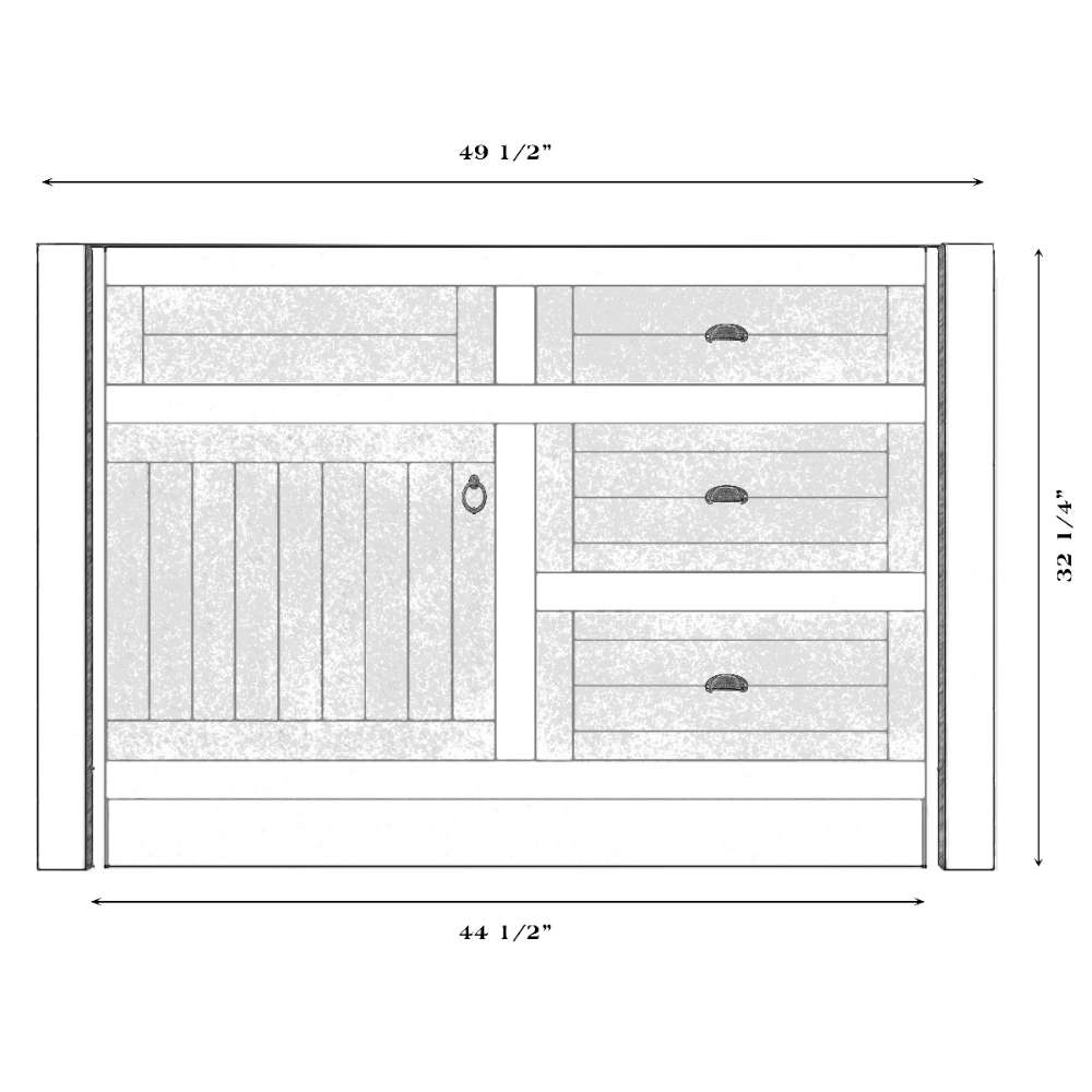 Fireside Lodge Barnwood Vanity - 4-Foot Without Top Left Sink displays a vanity base with a left sink configuration, right drawers, and a cabinet door
