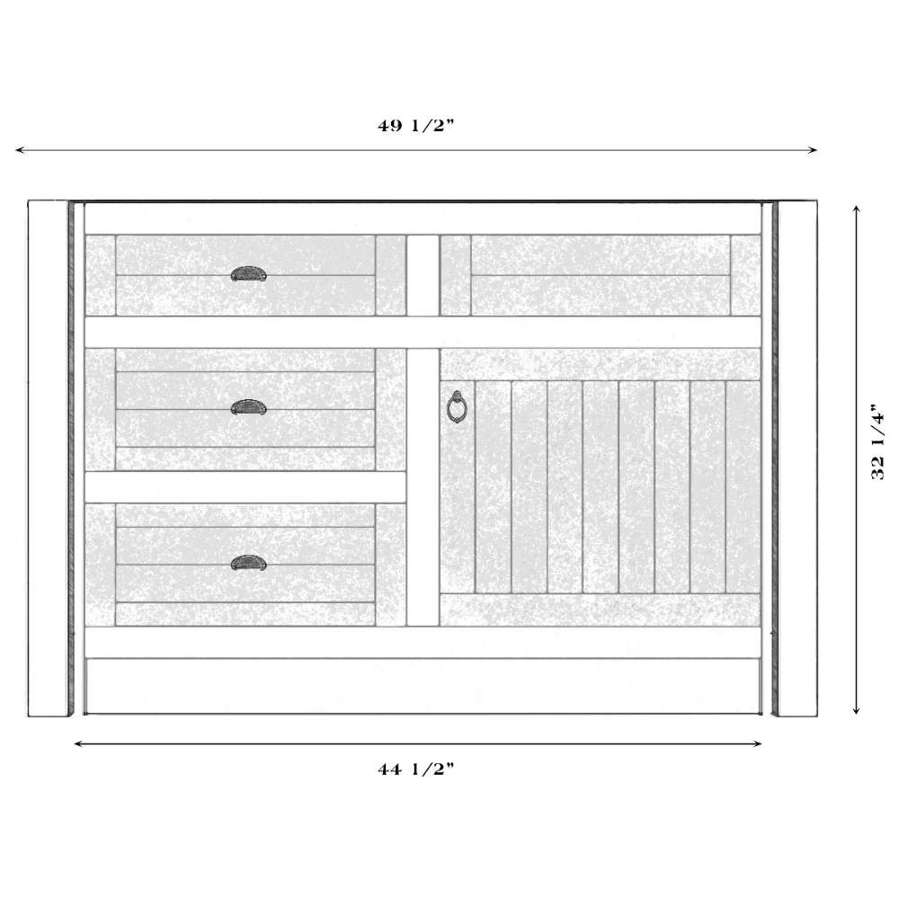 Fireside Lodge Barnwood Vanity - 4-Foot Without Top Right Sink features a vanity base with a right sink layout, left drawers, and a cabinet door