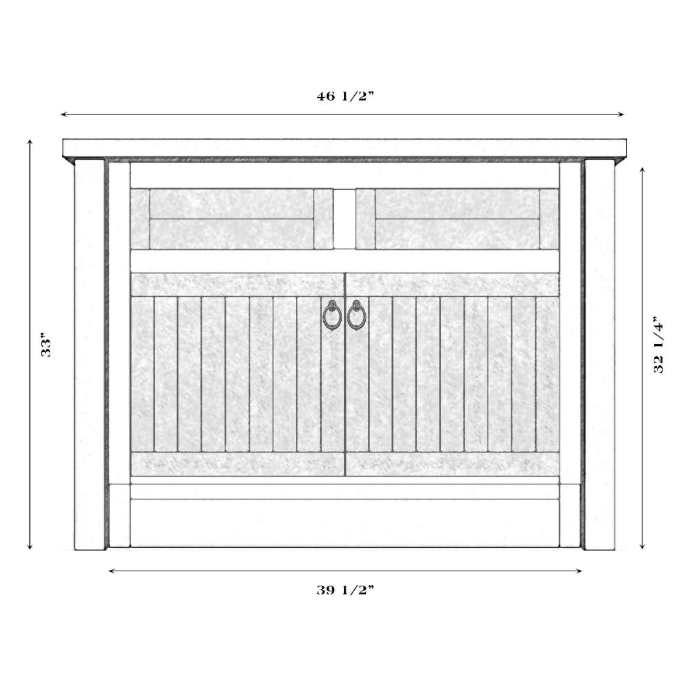 Fireside Lodge Barnwood Vanity - 42-Inch Barnwood Edged Laminate Top Center Sink is shown in a front-view diagram with a centered sink, wide top, and detailed cabinet dimensions