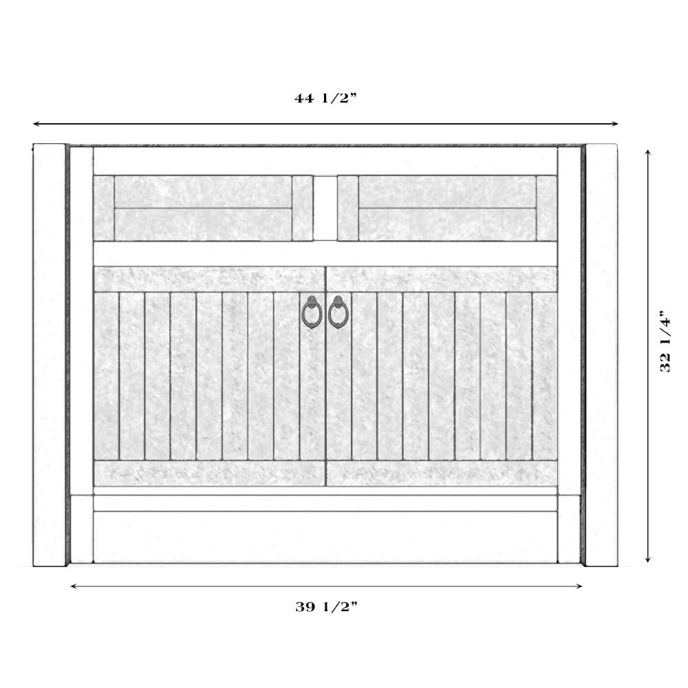 Fireside Lodge Barnwood Vanity - 42-Inch Without Top Center Sink shows a 44½-inch-wide cabinet base with a centered sink cutout in a clean front-view drawing