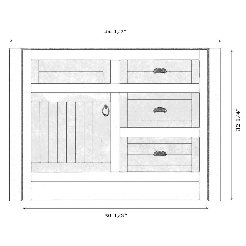 Fireside Lodge Barnwood Vanity - 42-Inch Without Top Left Sink features a left-side sink cabinet design with one door on the left and three stacked drawers on the right