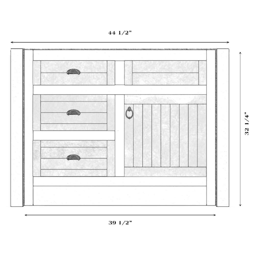 Fireside Lodge Barnwood Vanity - 42-Inch Without Top Right Sink displays a right-side sink cabinet layout with three drawers on the left and a single door on the right
