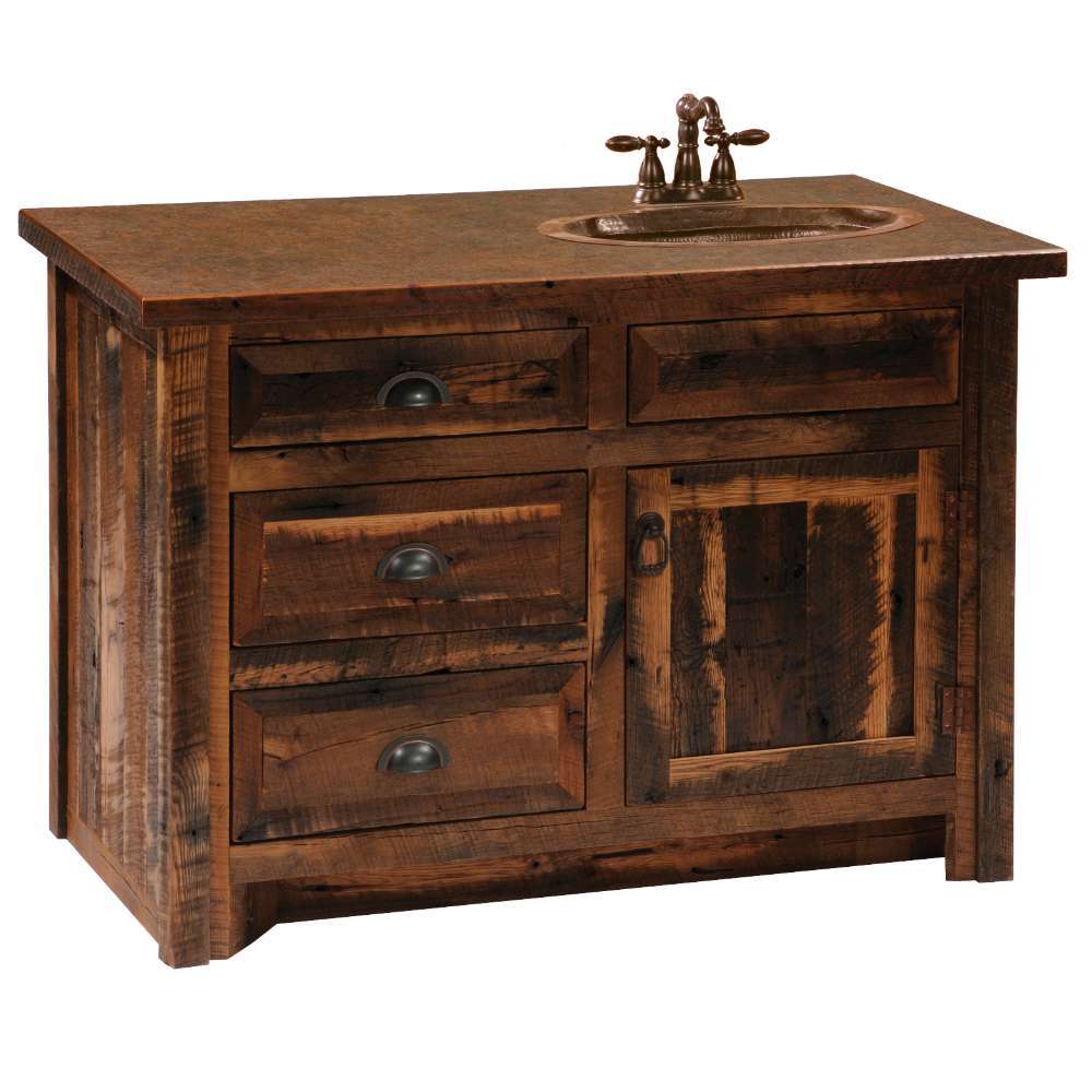 Fireside Lodge Barnwood Vanity - 42-Inch is a rustic reclaimed wood vanity with a barnwood top, centered oval sink, multiple drawers, and a lower cabinet door with dark metal hardware