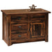 Fireside Lodge Barnwood Vanity - 42-Inch is a rustic reclaimed wood vanity with a barnwood top, centered oval sink, multiple drawers, and a lower cabinet door with dark metal hardware