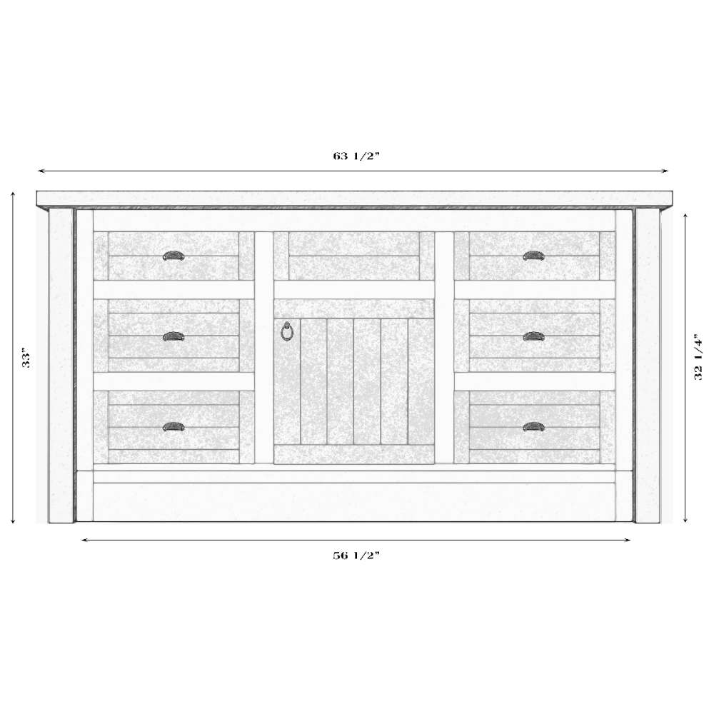 Fireside Lodge Barnwood Vanity - 5-Foot Barnwood Edged Laminate Top Center Sink features a rustic barnwood-edged laminate top with a centered sink, six drawers, and a middle cabinet door