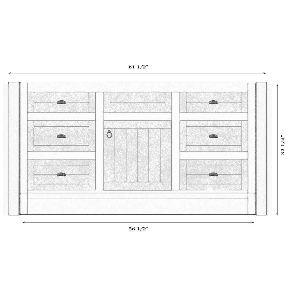 Fireside Lodge Barnwood Vanity - 5-Foot Without Top Center Sink displays a centered sink layout with six drawers and a middle cabinet door, ready for a custom countertop