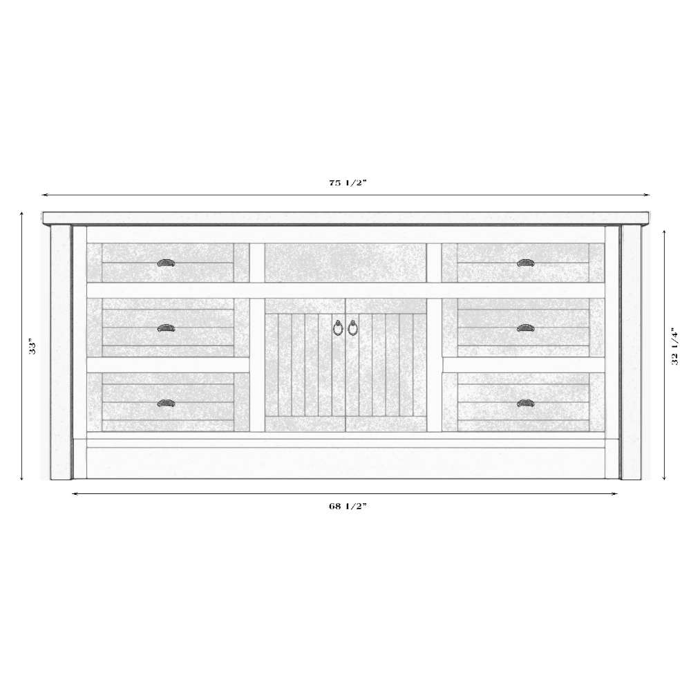 Fireside Lodge Barnwood Vanity - 6-Foot Barnwood Edged Laminate Top Center Sink features a center sink layout with six drawers and a double-door cabinet in a detailed front view