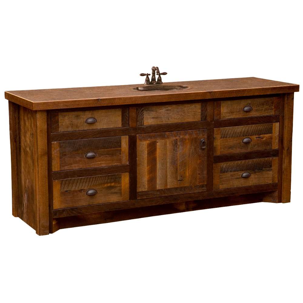 Fireside Lodge Barnwood Vanity - 6-Foot Barnwood Edged Laminate Top Center Sink showcases a rustic wood finish with one center sink, six drawers, and a spacious middle cabinet