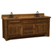 Fireside Lodge Barnwood Vanity - 6-Foot Barnwood Edged Laminate Top Double Sink highlights a rich barnwood build with two sinks, three center drawers, and dual side cabinets