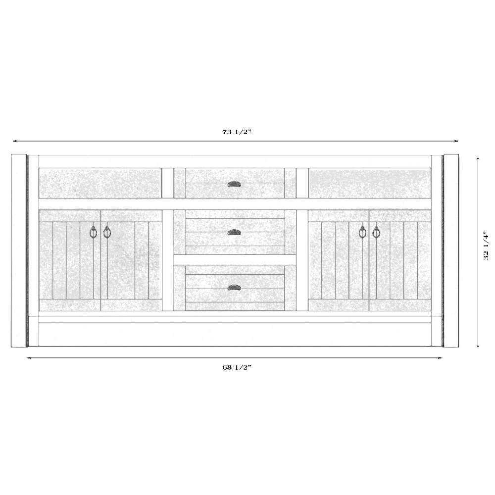 Fireside Lodge Barnwood Vanity - 6-Foot Without Top Double Sink features a double sink layout with three center drawers and two side cabinets, without a top