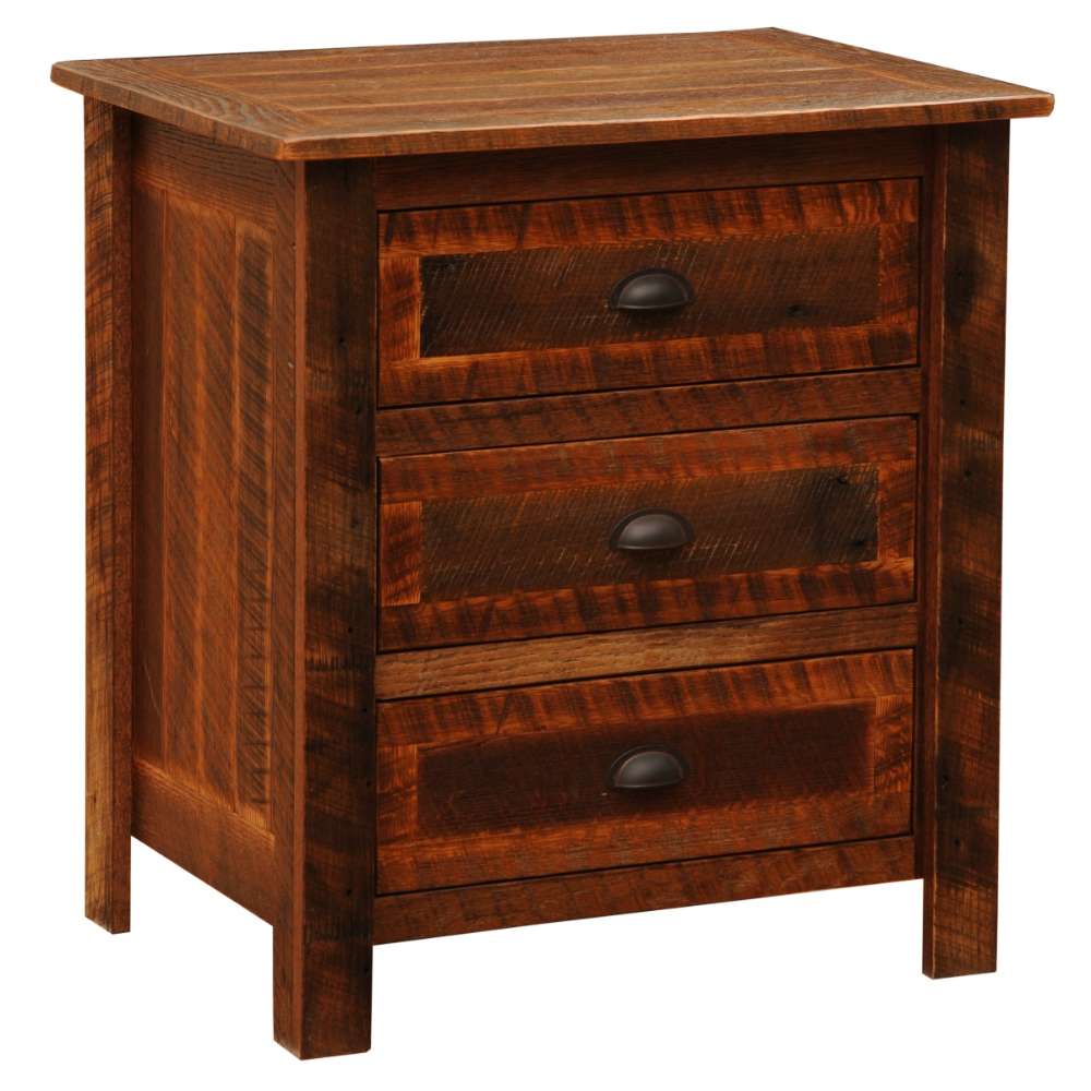 Fireside Lodge Barnwood XL Three Drawer Nightstand is a rustic wooden nightstand with a thick top, sturdy legs, and three drawers with dark metal cup pulls