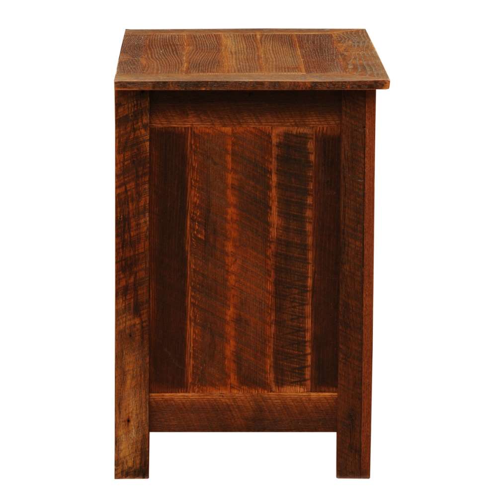 Fireside Lodge Barnwood XL Three Drawer Nightstand is shown from the side, highlighting its solid wood build and natural barnwood grain