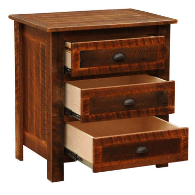 Fireside Lodge Barnwood XL Three Drawer Nightstand is shown with all three drawers open, revealing light wood interiors and metal drawer slides
