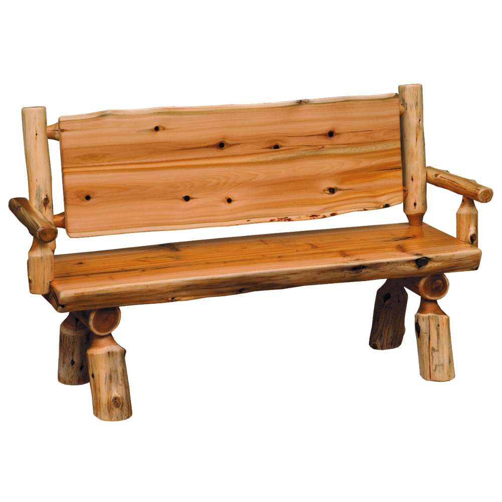 Fireside Lodge Cedar Log Bench with Arms is a rustic cedar bench with a solid plank seat, straight back, and thick rounded log arms and legs in a warm natural wood tone