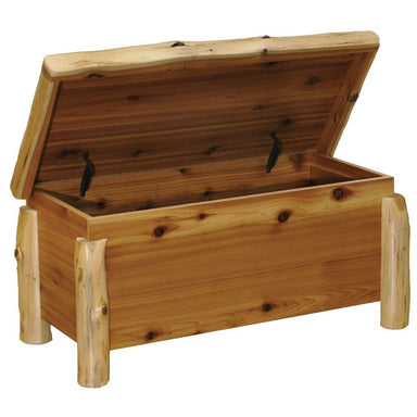 Fireside Lodge Cedar Log Blanket Chest is shown closed, highlighting its solid cedar construction, smooth flat lid, and natural wood grain
