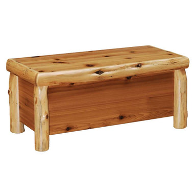 Fireside Lodge Cedar Log Blanket Chest is shown open, revealing a spacious cedar interior with a hinged lid and rustic log-style legs
