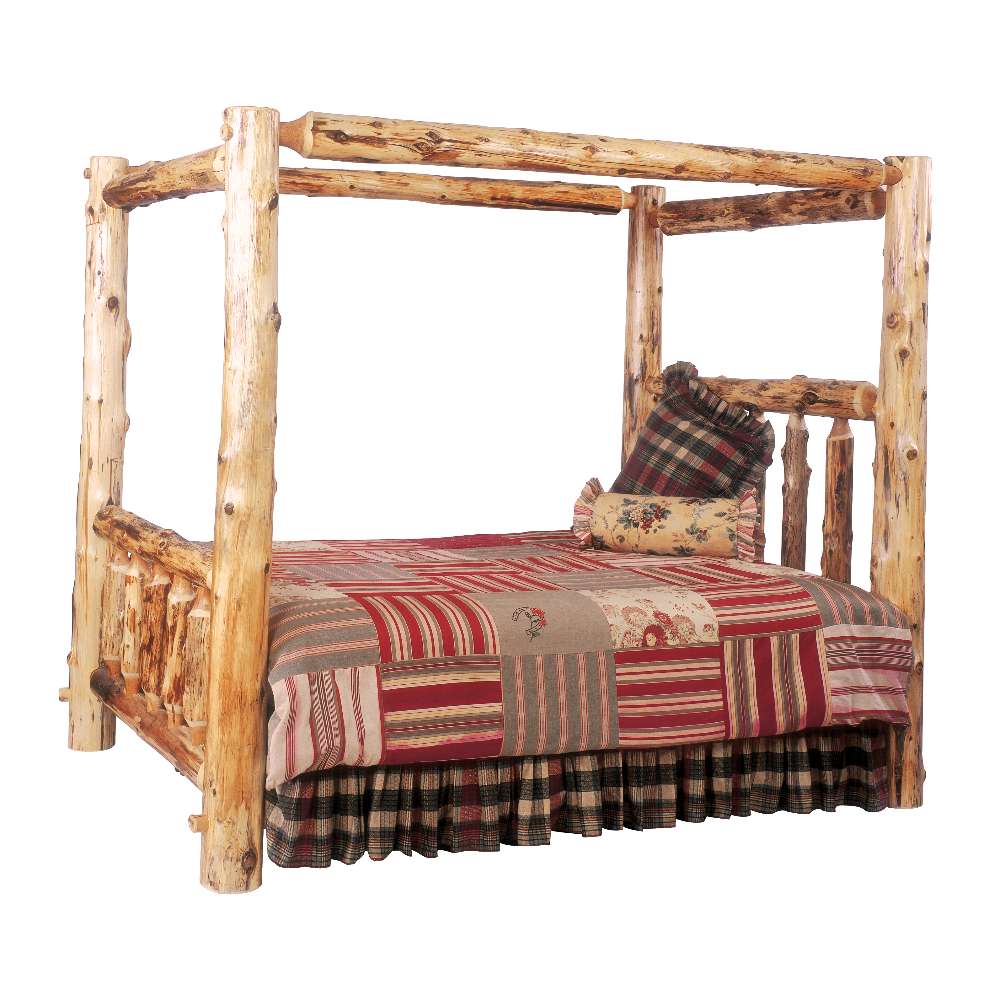 Fireside Lodge Cedar Log Canopy Bed shown as a rustic log canopy bed made from thick cedar logs with visible knots, topped with a patchwork quilt and pillows