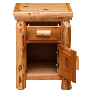 Fireside Lodge Cedar Log Enclosed Nightstand appears with the drawer and cabinet door open to show its compact storage space