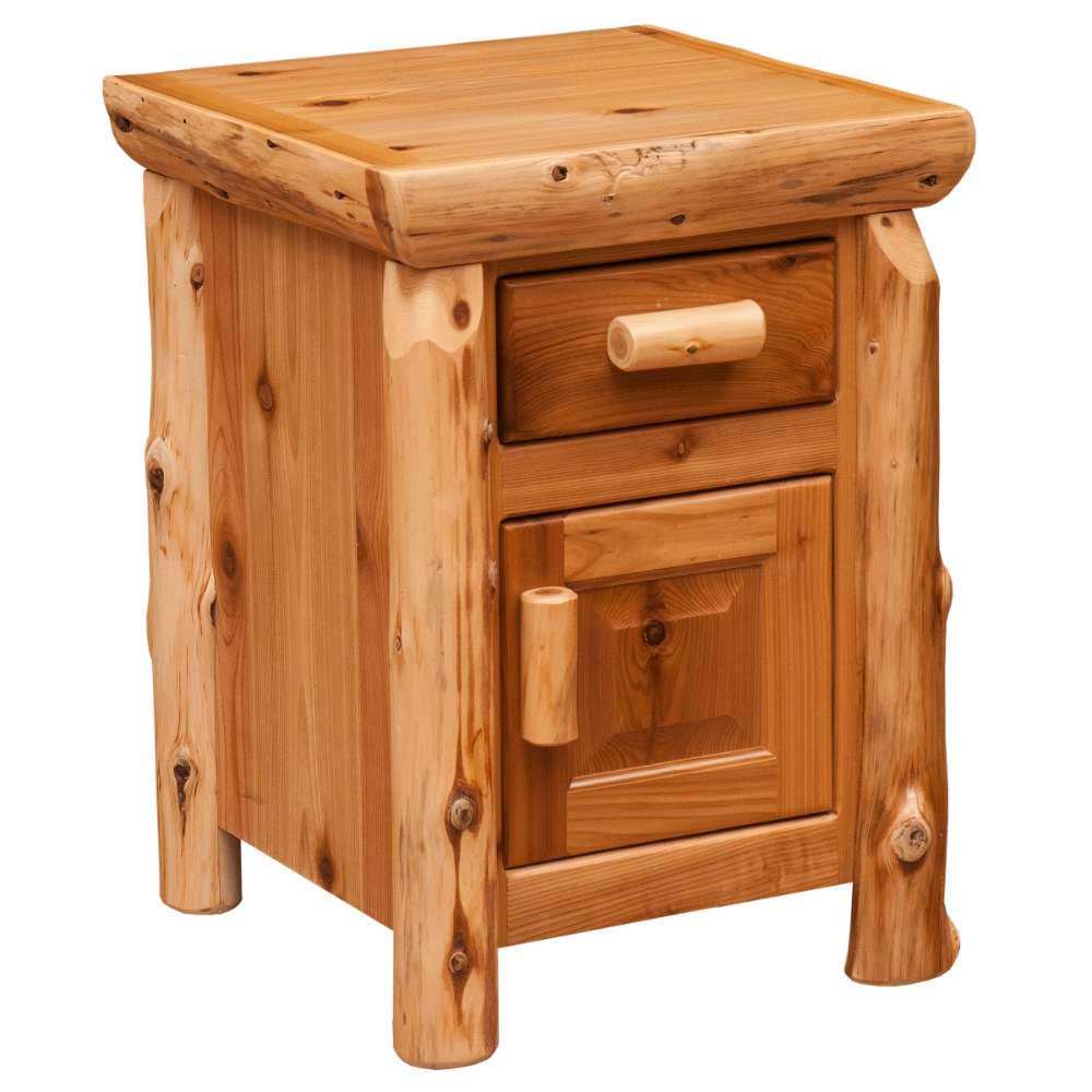 Fireside Lodge Cedar Log Enclosed Nightstand is a rustic cedar nightstand with a square top, one drawer, and a cabinet door supported by log-style legs