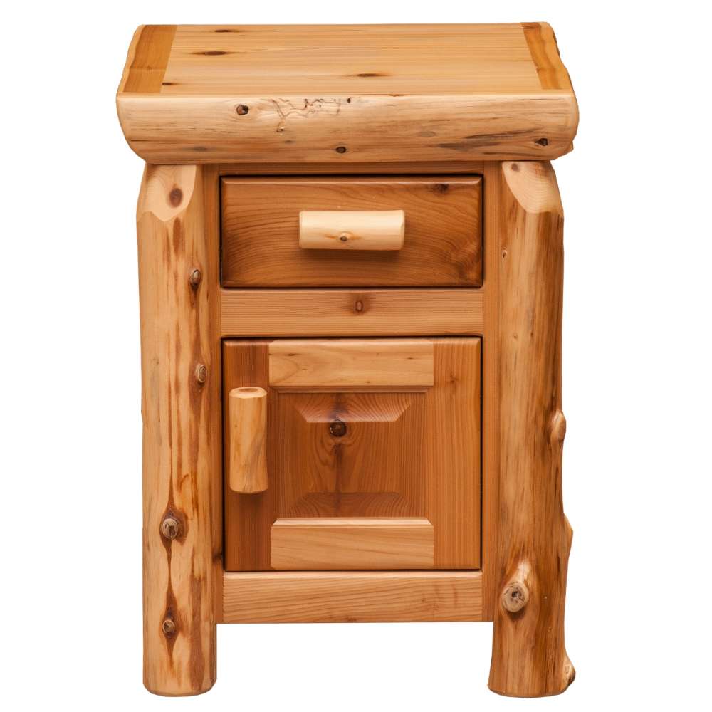 Fireside Lodge Cedar Log Enclosed Nightstand is seen from the front, highlighting its natural wood grain, drawer, and enclosed cabinet