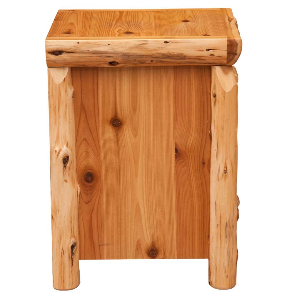 Fireside Lodge Cedar Log Enclosed Nightstand is shown from the back, displaying a flat cedar panel and thick rounded log legs